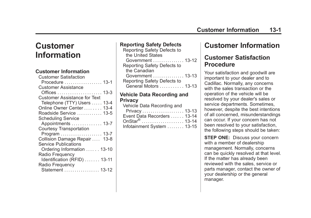 Cadillac 2015 - CRC manual Customer Satisfaction Procedure, Customer Information 13-1 