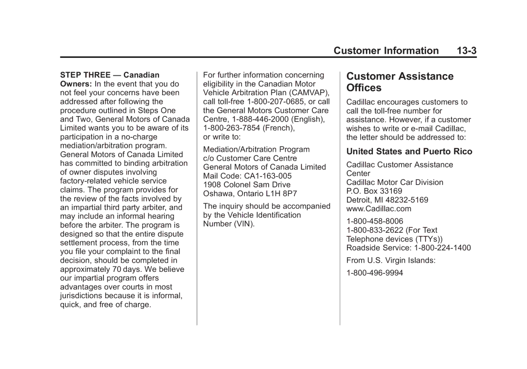 Cadillac 2015 - CRC manual Customer Assistance Offices, Customer Information 13-3, United States and Puerto Rico 