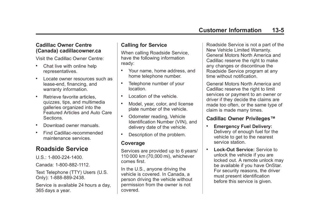 Cadillac 2015 - CRC manual Customer Information 13-5, Cadillac Owner Centre Canada cadillacowner.ca, Calling for Service 