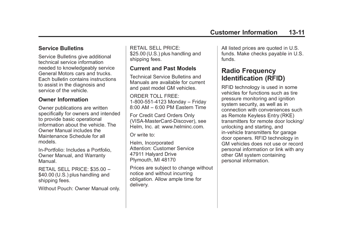 Cadillac 2015 - CRC Radio Frequency Identification Rfid, Customer Information 13-11, Service Bulletins, Owner Information 