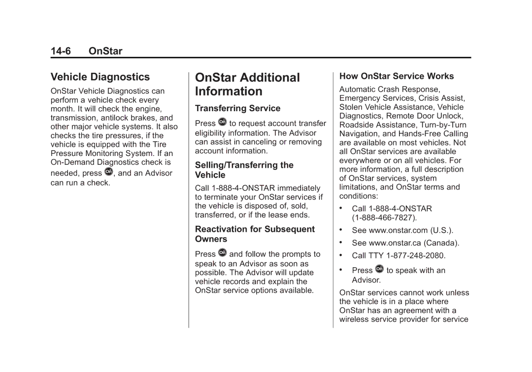 Cadillac 2015 - CRC manual OnStar Additional Information, Vehicle Diagnostics 