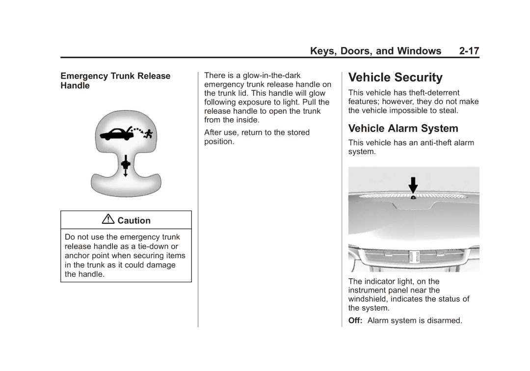 Cadillac 2015 - CRC manual Vehicle Security, Vehicle Alarm System, Emergency Trunk Release Handle 