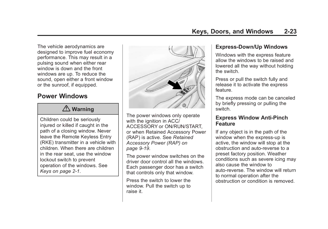 Cadillac 2015 - CRC manual Power Windows, Express-Down/Up Windows, Express Window Anti-Pinch Feature 