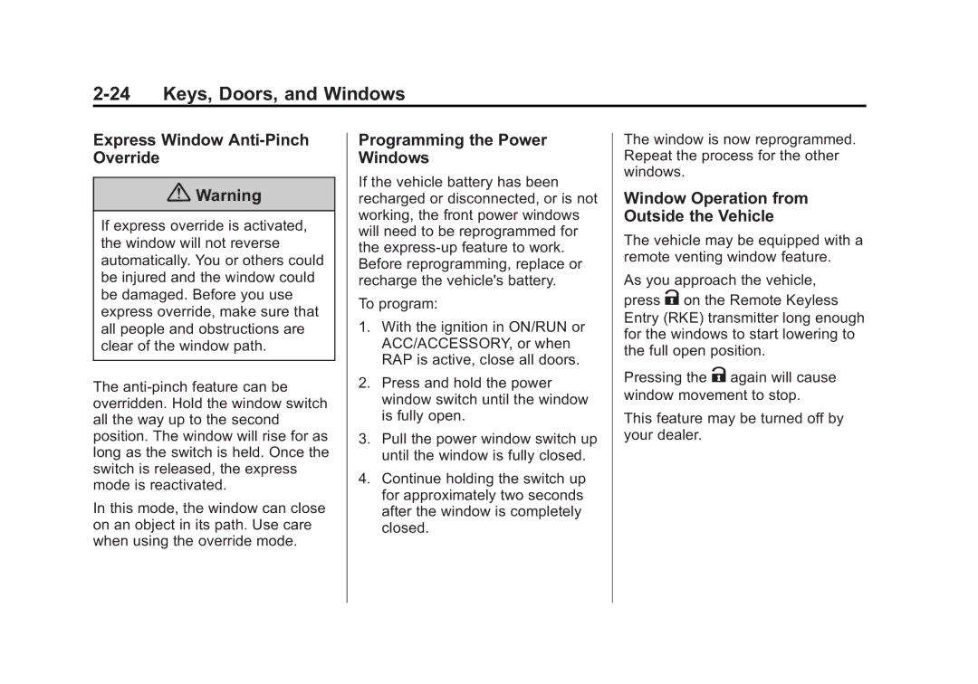 Cadillac 2015 - CRC manual Express Window Anti-Pinch Override, Programming the Power Windows 