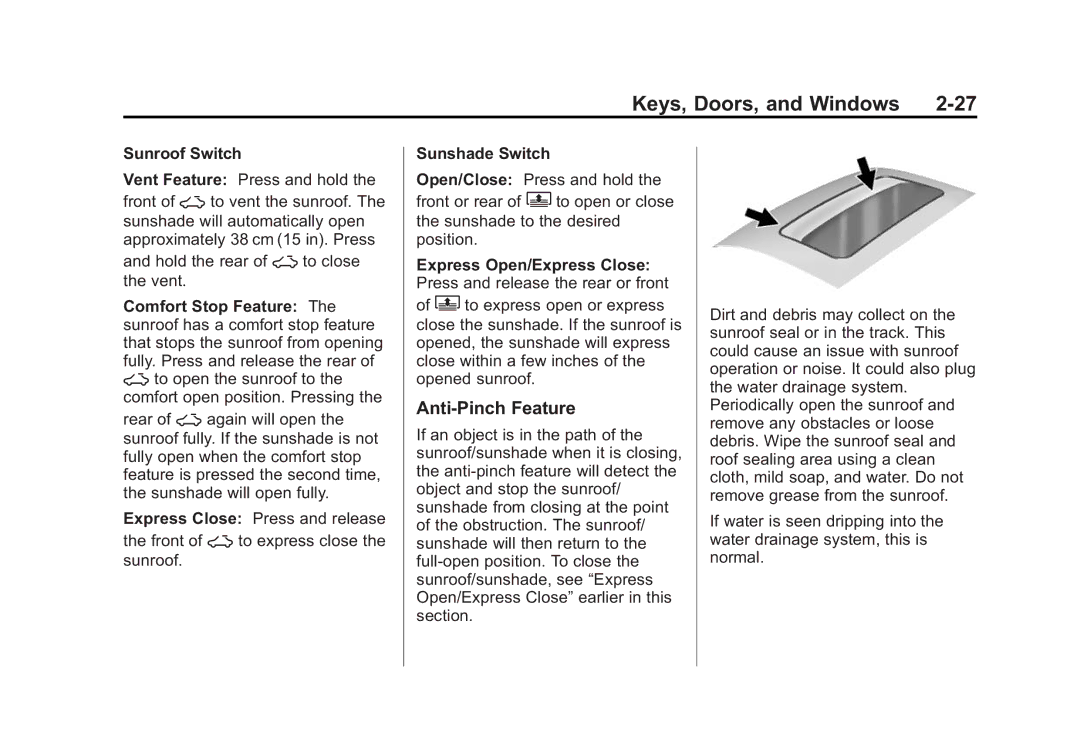 Cadillac 2015 - CRC manual Anti-Pinch Feature, Sunroof Switch 