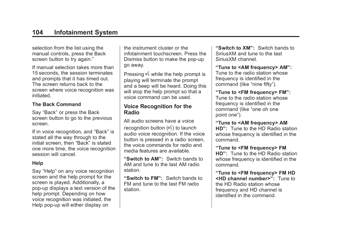 Cadillac 2015 manual Voice Recognition for the Radio, Back Command, Help 