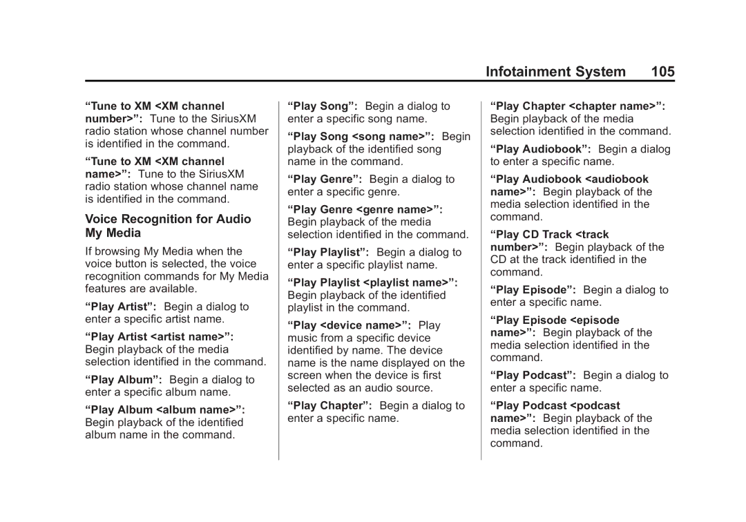 Cadillac 2015 manual Voice Recognition for Audio My Media, Play Genre genre name 