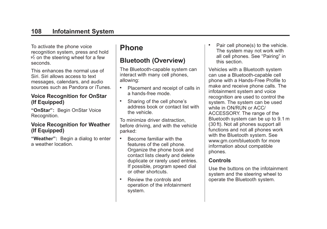 Cadillac 2015 Bluetooth Overview, Voice Recognition for OnStar If Equipped, Voice Recognition for Weather If Equipped 