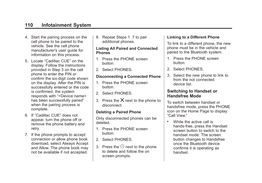 Cadillac 2015 Switching to Handset or Handsfree Mode, Listing All Paired and Connected Phones, Deleting a Paired Phone 