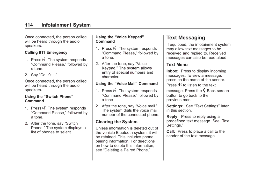 Cadillac 2015 manual Text Messaging, Clearing the System, Text Menu 