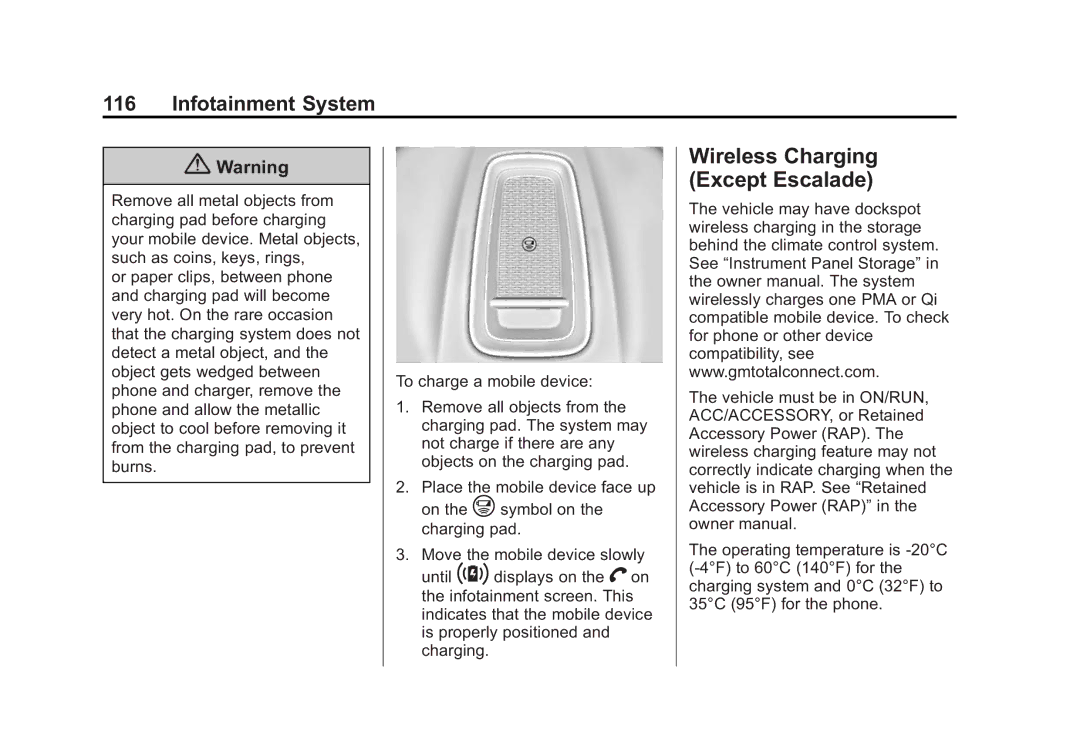 Cadillac 2015 manual Wireless Charging Except Escalade 