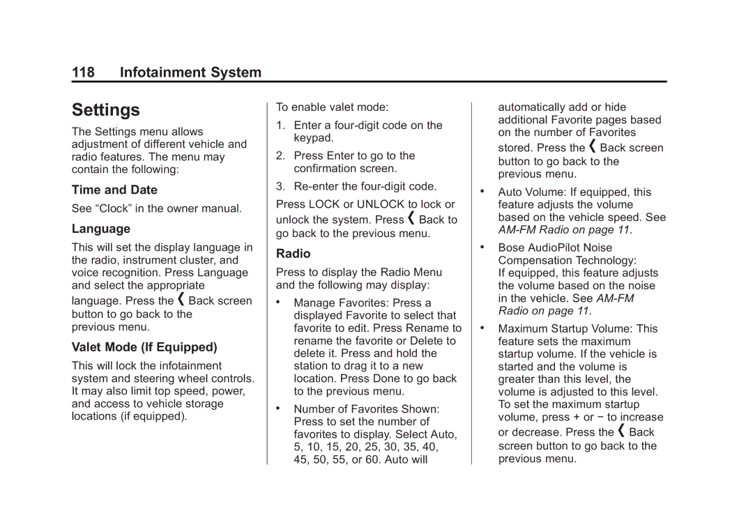 Cadillac 2015 manual Time and Date, Language, Valet Mode If Equipped, Radio 