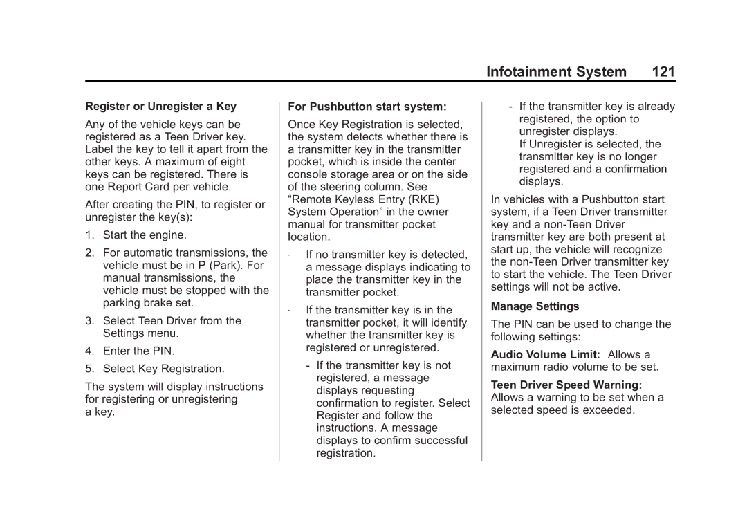 Cadillac 2015 manual Register or Unregister a Key, For Pushbutton start system, Manage Settings 