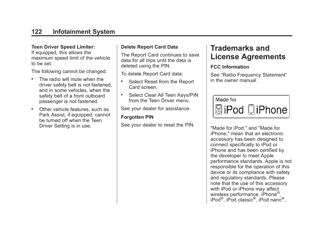 Cadillac 2015 manual Delete Report Card Data, Forgotten PIN, FCC Information 