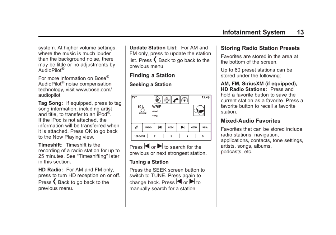 Cadillac 2015 Finding a Station, Storing Radio Station Presets, Mixed-Audio Favorites, Seeking a Station, Tuning a Station 