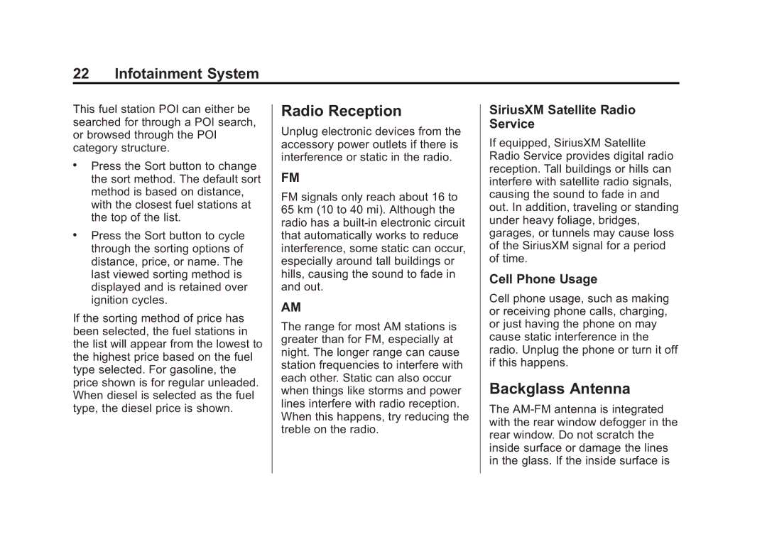 Cadillac 2015 manual Radio Reception, Backglass Antenna, SiriusXM Satellite Radio Service, Cell Phone Usage 