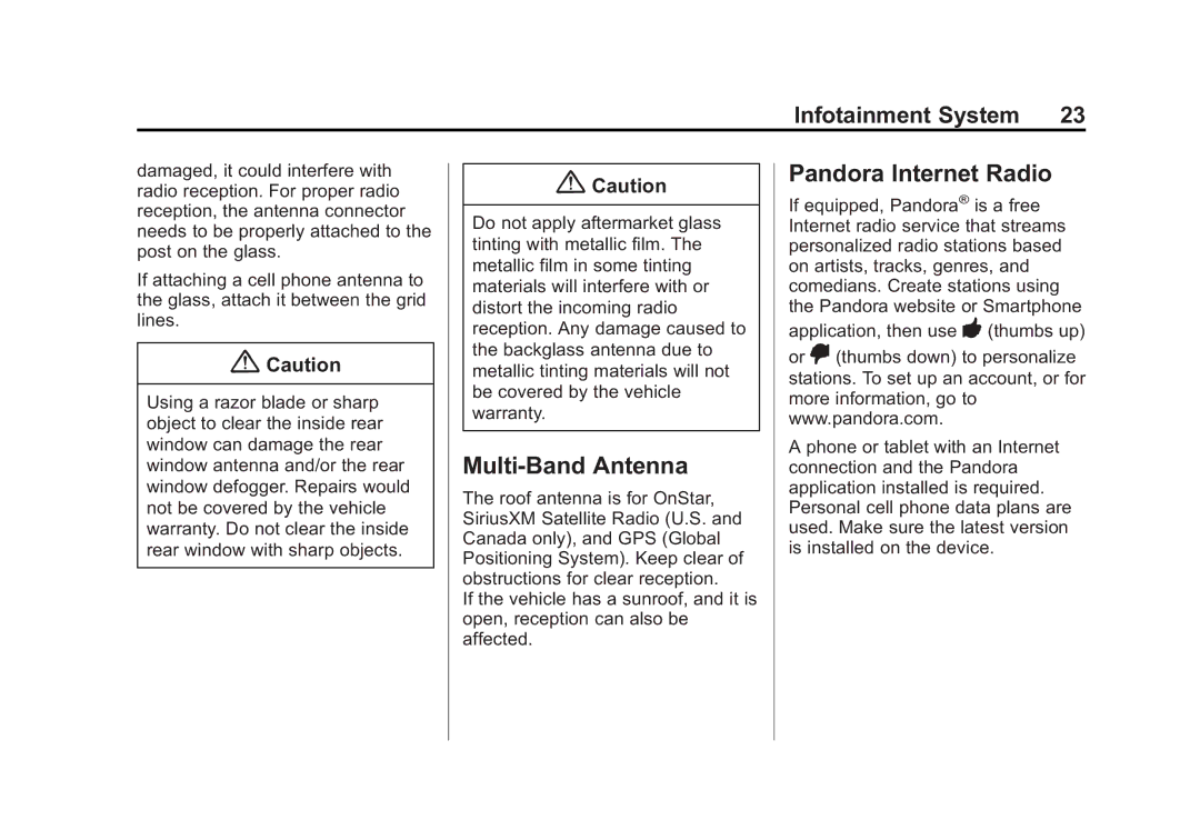 Cadillac 2015 manual Multi-Band Antenna, Pandora Internet Radio 