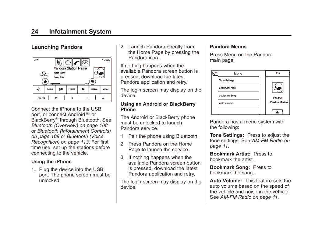 Cadillac 2015 manual Launching Pandora, Using the iPhone, Using an Android or BlackBerry Phone, Pandora Menus 