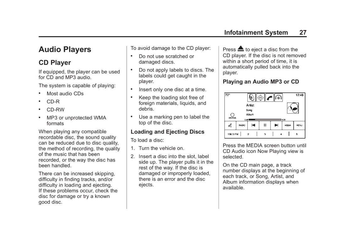 Cadillac 2015 manual CD Player, Loading and Ejecting Discs, Playing an Audio MP3 or CD 