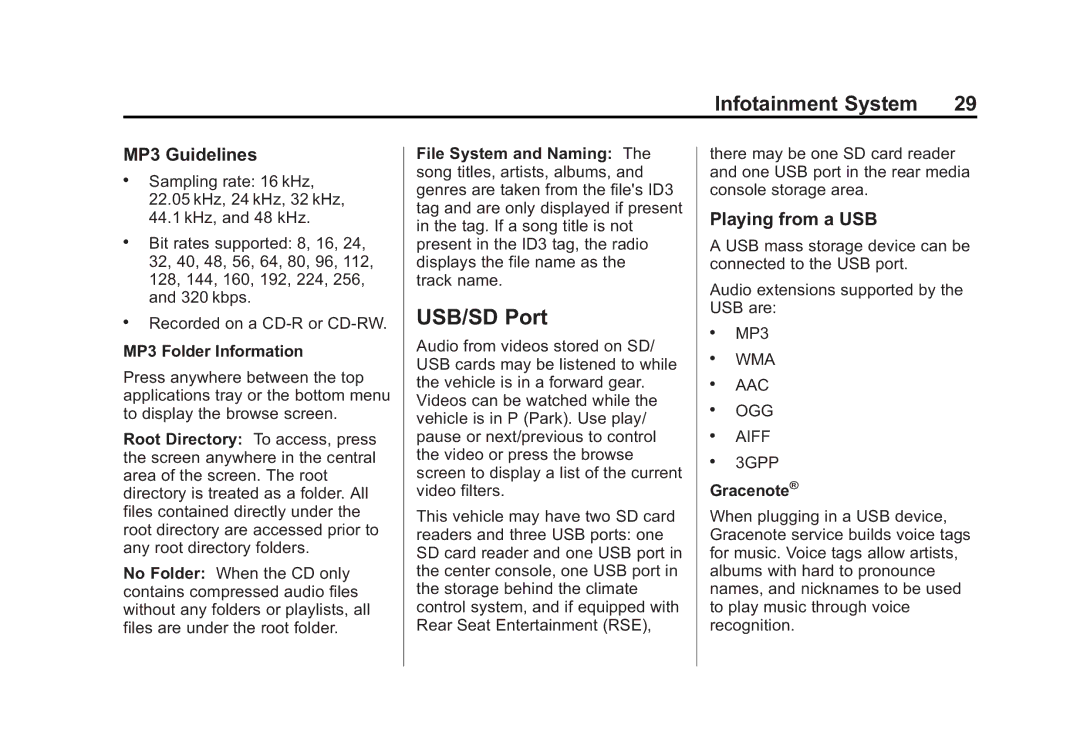 Cadillac 2015 manual USB/SD Port, MP3 Guidelines, Playing from a USB, MP3 Folder Information, Gracenote 