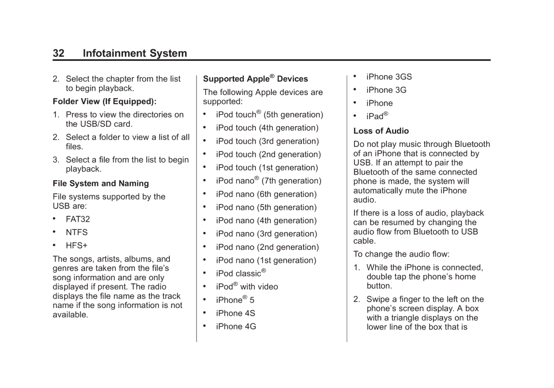 Cadillac 2015 manual Folder View If Equipped, File System and Naming, Supported Apple Devices 