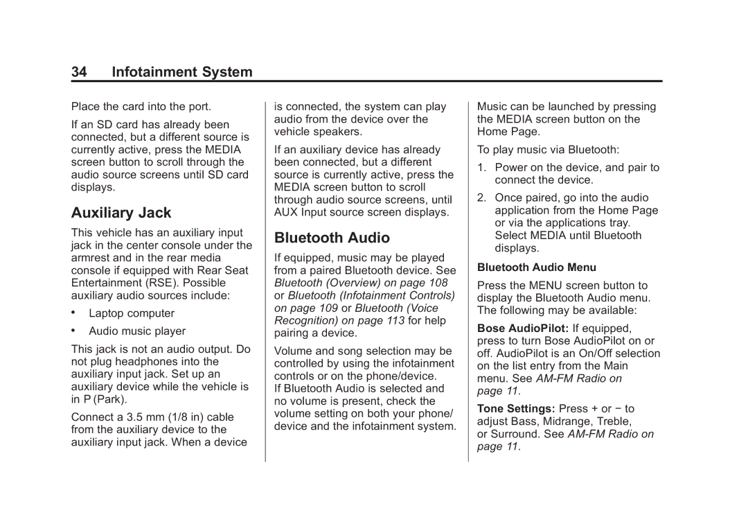 Cadillac 2015 manual Auxiliary Jack, Bluetooth Audio Menu 