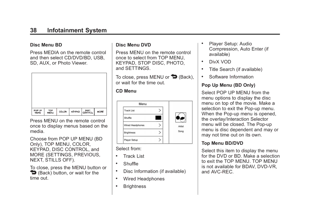 Cadillac 2015 manual Disc Menu BD, Disc Menu DVD, CD Menu, Pop Up Menu BD Only, Top Menu BD/DVD 