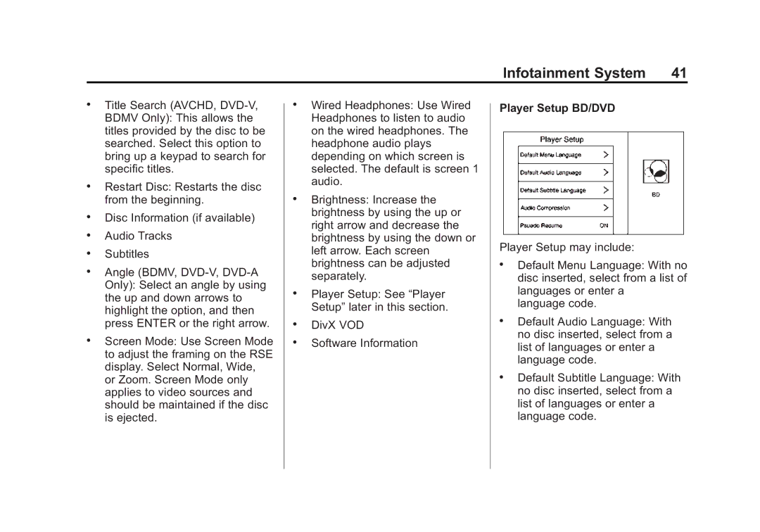 Cadillac 2015 manual Player Setup BD/DVD 