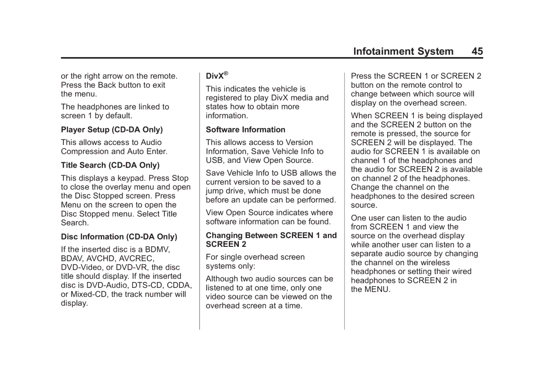 Cadillac 2015 Player Setup CD-DA Only, Title Search CD-DA Only, Disc Information CD-DA Only, DivX, Software Information 