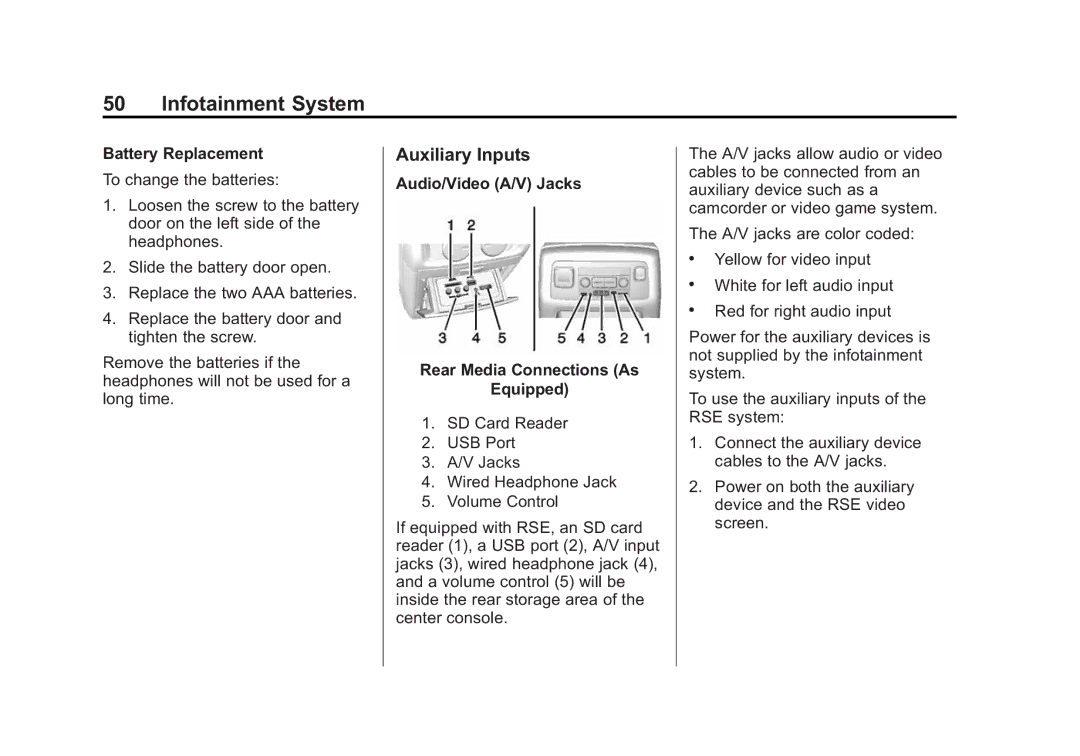 Cadillac 2015 manual Auxiliary Inputs, Battery Replacement, Audio/Video A/V Jacks Rear Media Connections As Equipped 