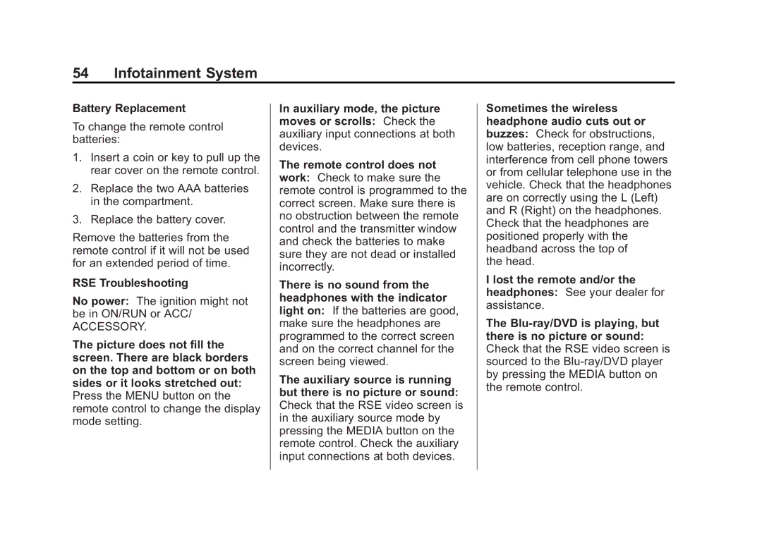 Cadillac 2015 manual Battery Replacement, RSE Troubleshooting 