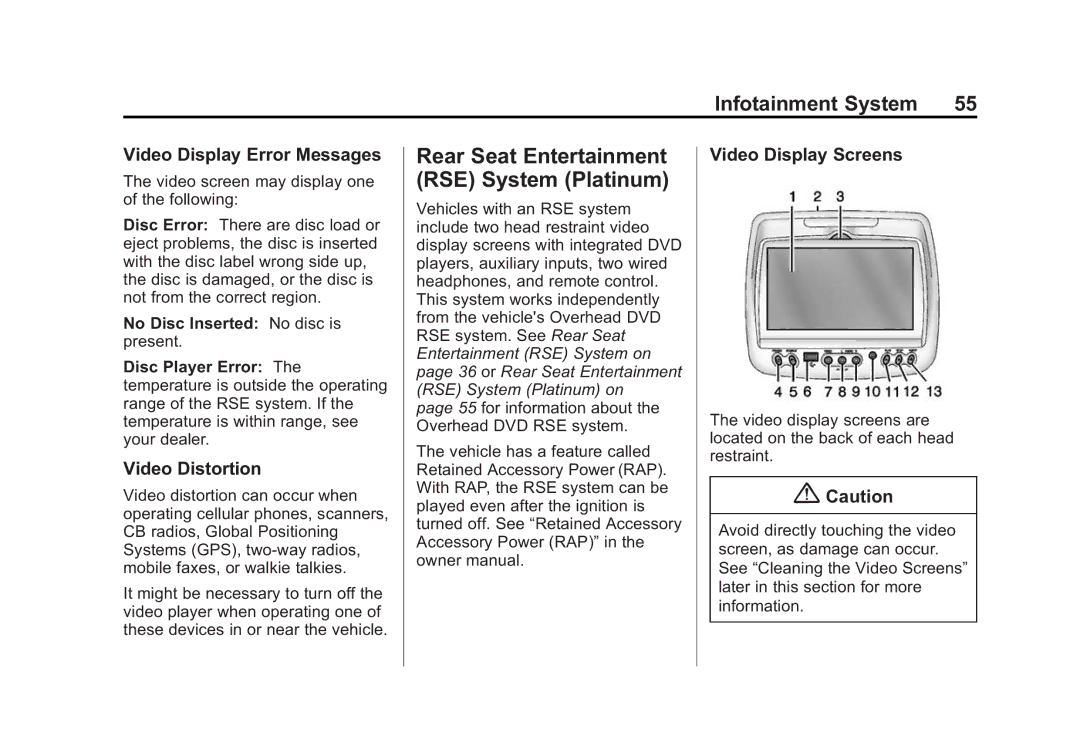 Cadillac 2015 manual Rear Seat Entertainment RSE System Platinum, Video Display Error Messages, Video Distortion 