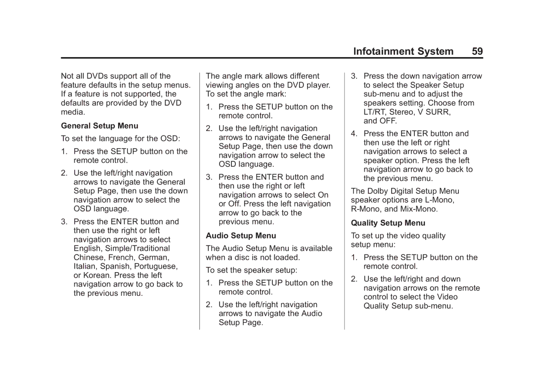 Cadillac 2015 manual General Setup Menu, Audio Setup Menu, Quality Setup Menu 