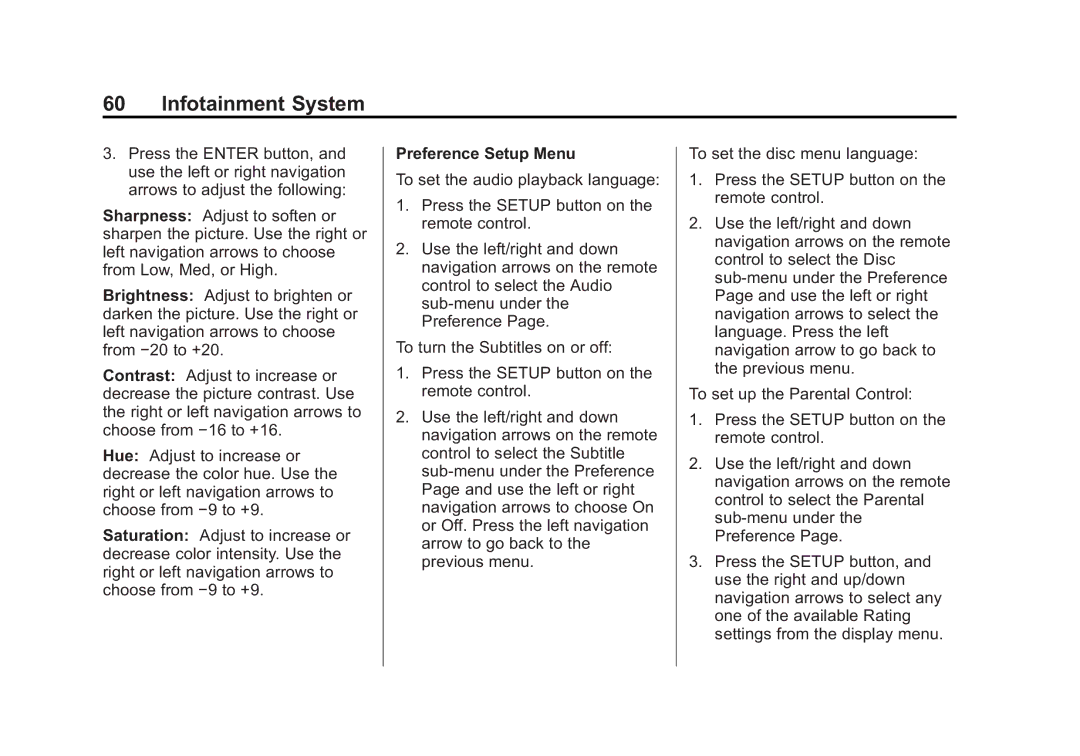 Cadillac 2015 manual Preference Setup Menu 