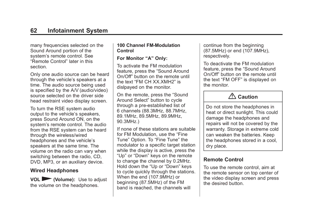 Cadillac 2015 manual Wired Headphones, Channel FM-Modulation Control For Monitor a Only 