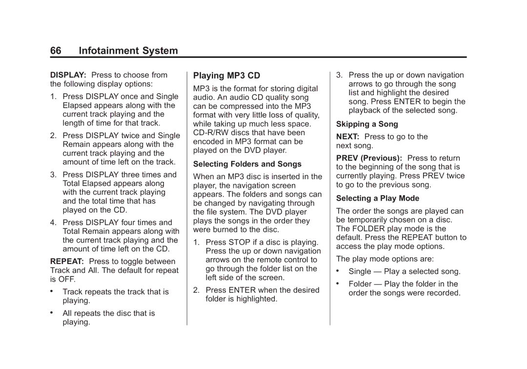 Cadillac 2015 manual Playing MP3 CD, Selecting Folders and Songs, Skipping a Song, Selecting a Play Mode 