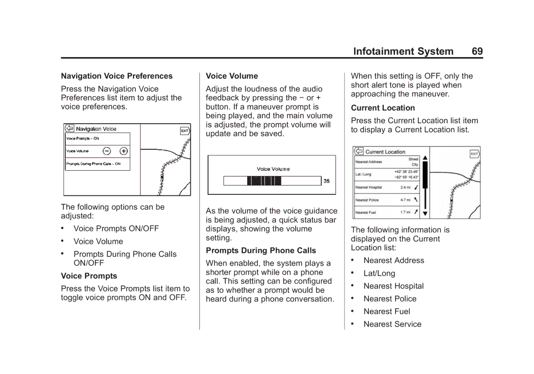 Cadillac 2015 Navigation Voice Preferences, Voice Prompts, Voice Volume, Prompts During Phone Calls, Current Location 