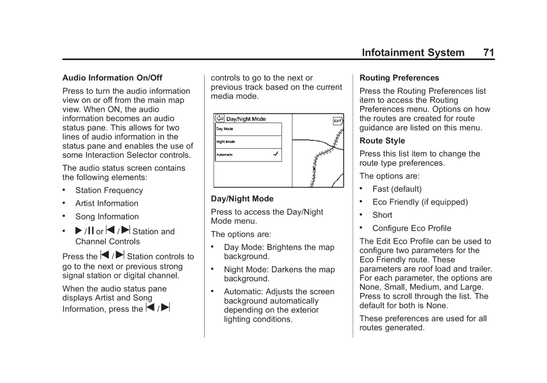 Cadillac 2015 manual Audio Information On/Off, Day/Night Mode, Routing Preferences, Route Style 