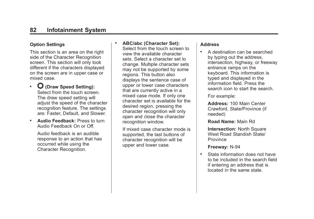 Cadillac 2015 manual Option Settings ABC/abc Character Set, Draw Speed Setting, Audio Feedback Press to turn, Address 