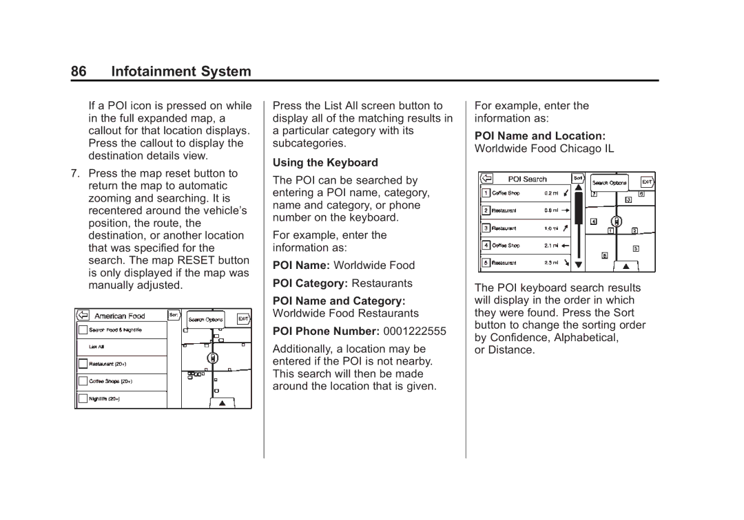 Cadillac 2015 Using the Keyboard, POI Category Restaurants POI Name and Category, POI Phone Number, POI Name and Location 