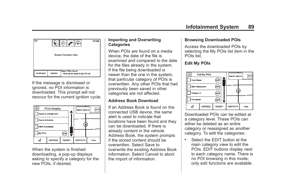 Cadillac 2015 manual Importing and Overwriting Categories, Address Book Download, Browsing Downloaded POIs, Edit My POIs 