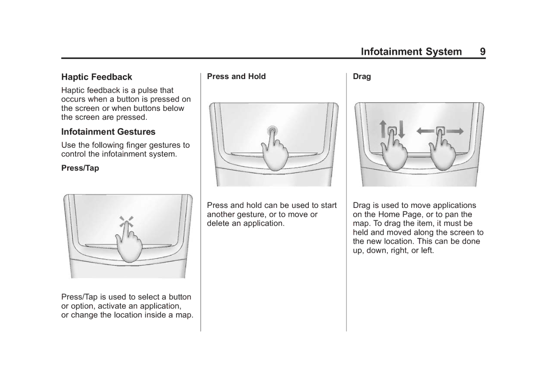 Cadillac 2015 manual Haptic Feedback, Infotainment Gestures, Press/Tap, Press and Hold, Drag 