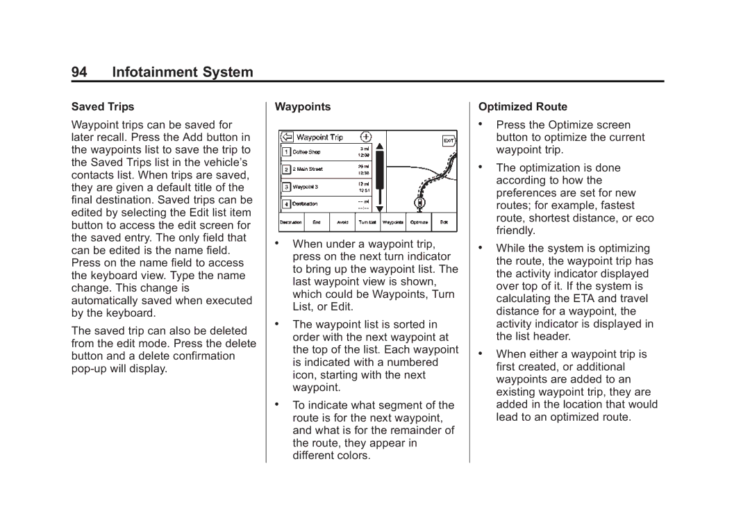 Cadillac 2015 manual Saved Trips, Waypoints, Optimized Route 