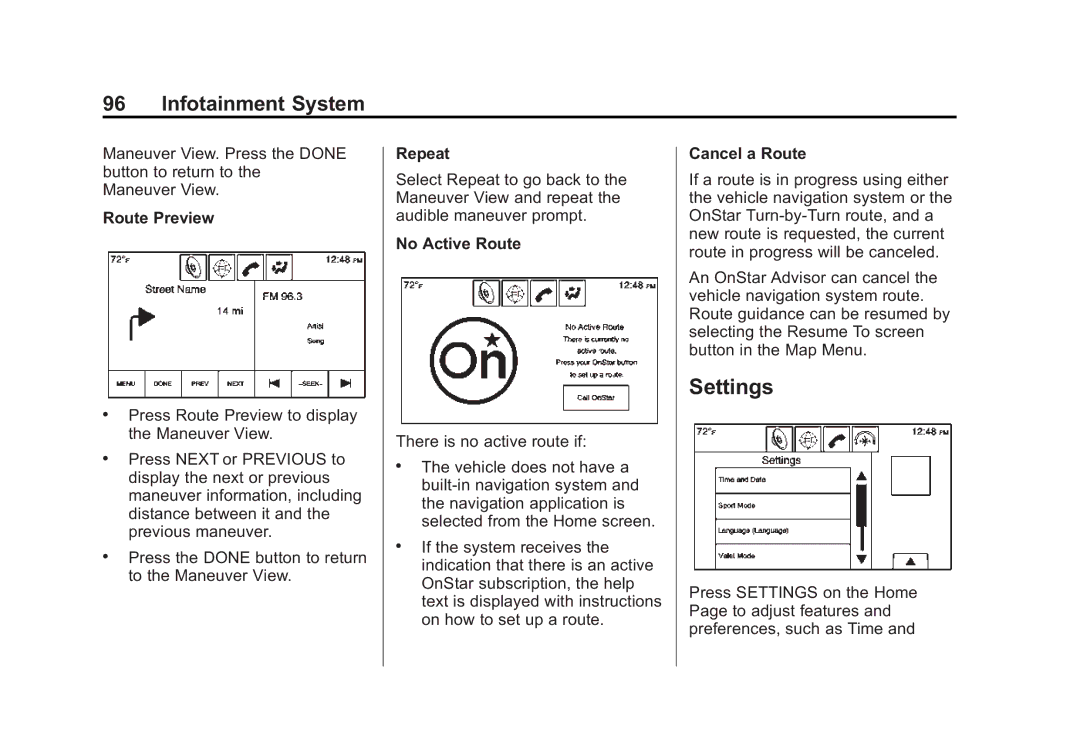 Cadillac 2015 manual Settings, Route Preview, Repeat, No Active Route, Cancel a Route 