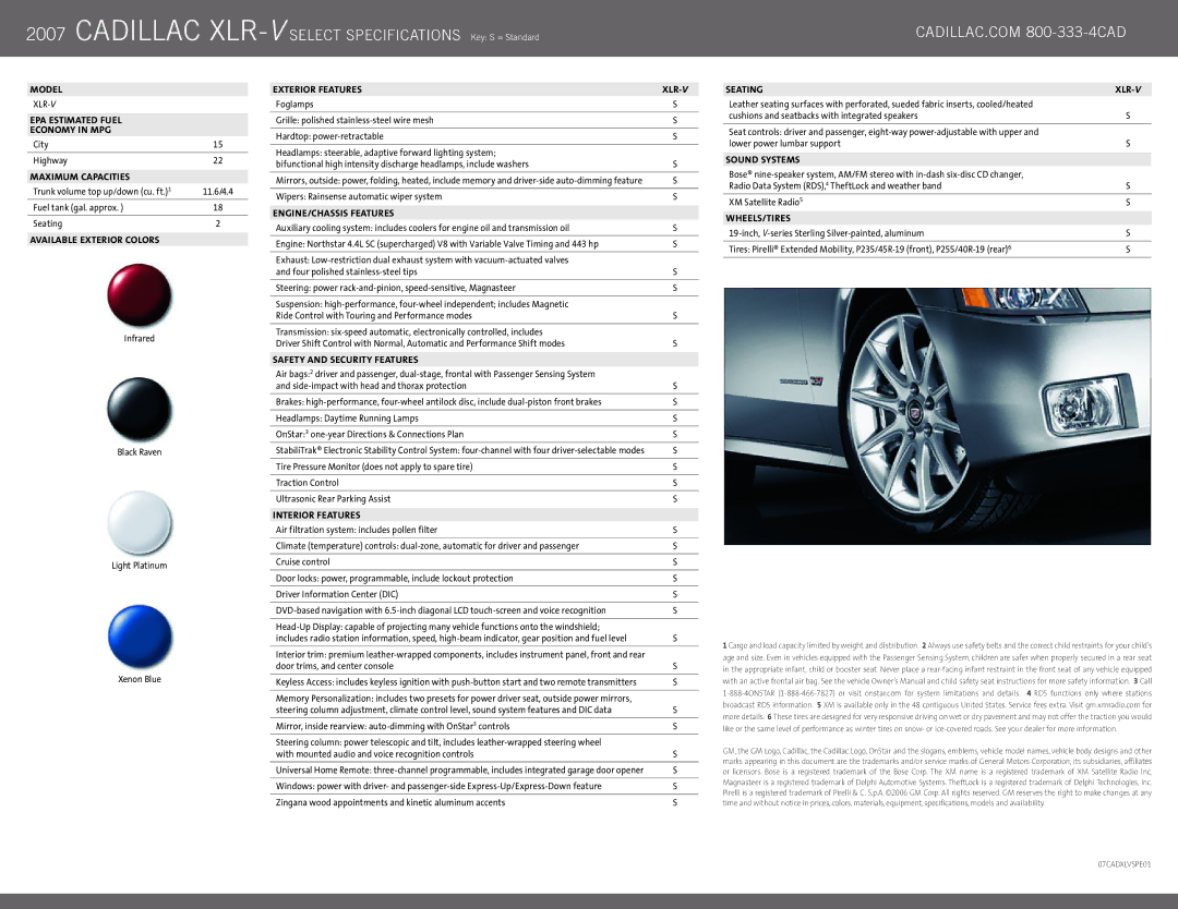Cadillac XLR-V Model, EPA Estimated Fuel Economy in MPG, Maximum Capacities, Available Exterior Colors, Exterior Features 