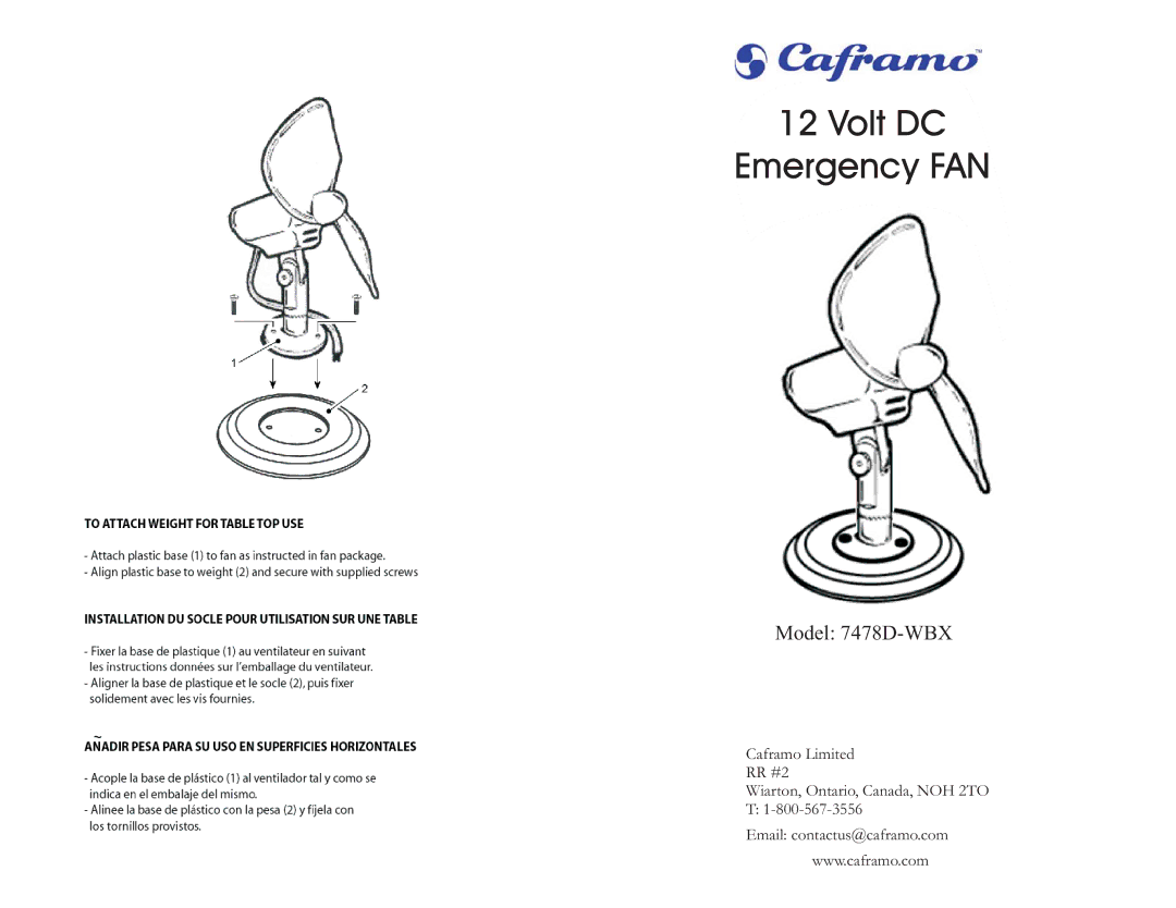 Caframo 7478D warranty Volt DC Emergency FAN 