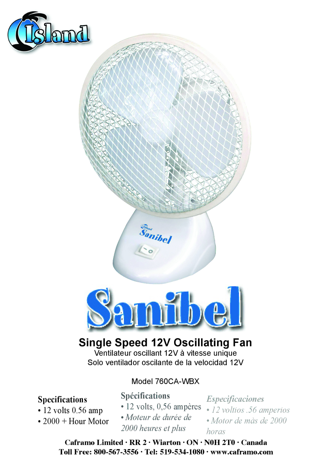 Caframo 760CA-WBX specifications Single Speed 12V Oscillating Fan 