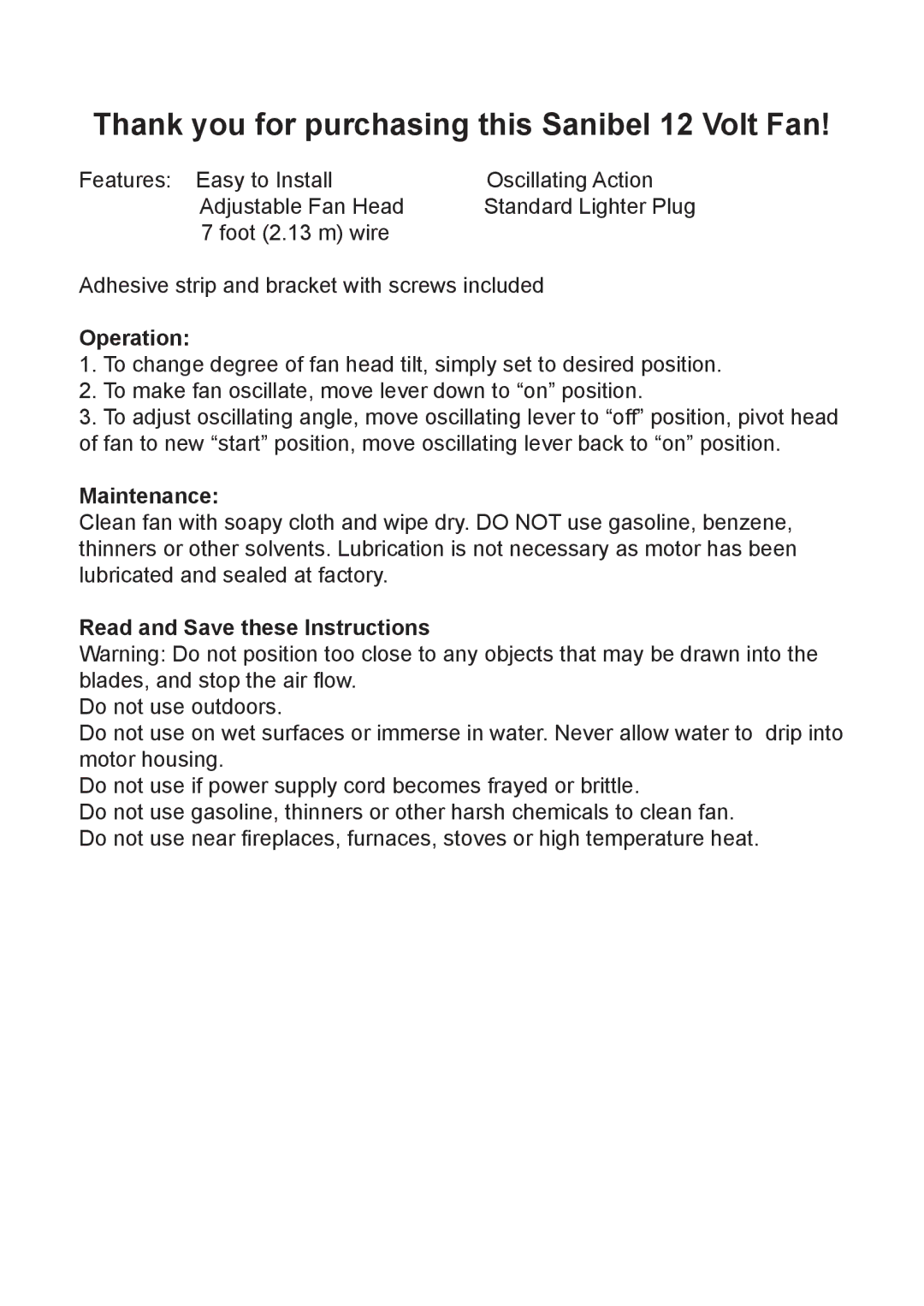 Caframo 760CA-WBX specifications Thank you for purchasing this Sanibel 12 Volt Fan, Operation, Maintenance 