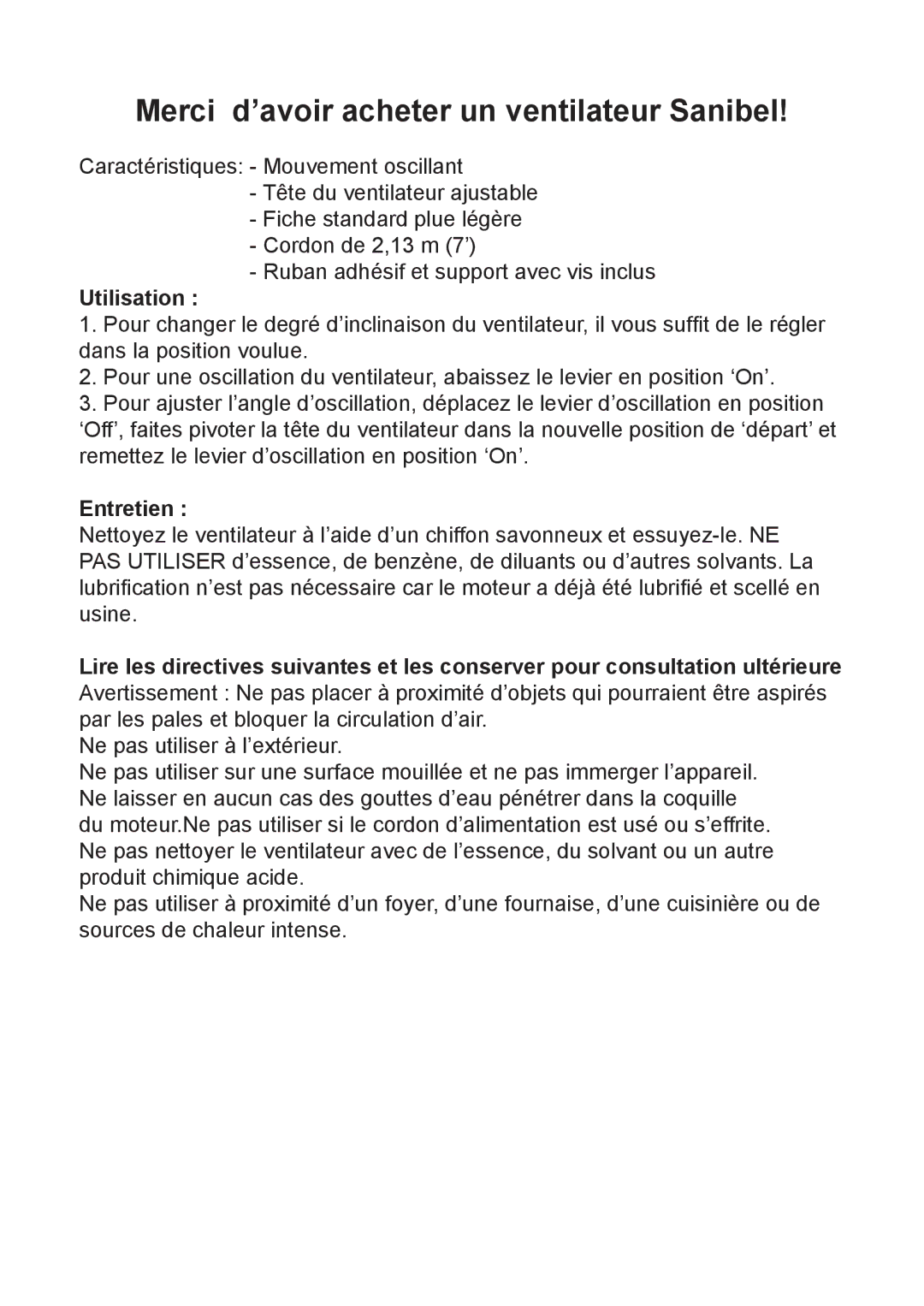 Caframo 760CA-WBX specifications Merci d’avoir acheter un ventilateur Sanibel, Utilisation, Entretien 