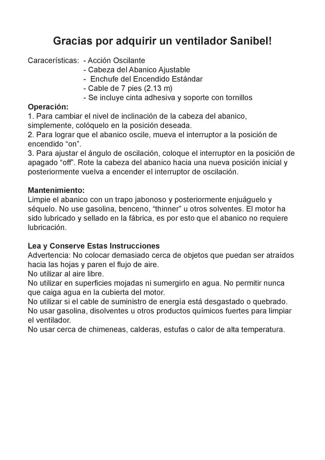 Caframo 760CA-WBX Gracias por adquirir un ventilador Sanibel, Operación, Mantenimiento, Lea y Conserve Estas Instrucciones 